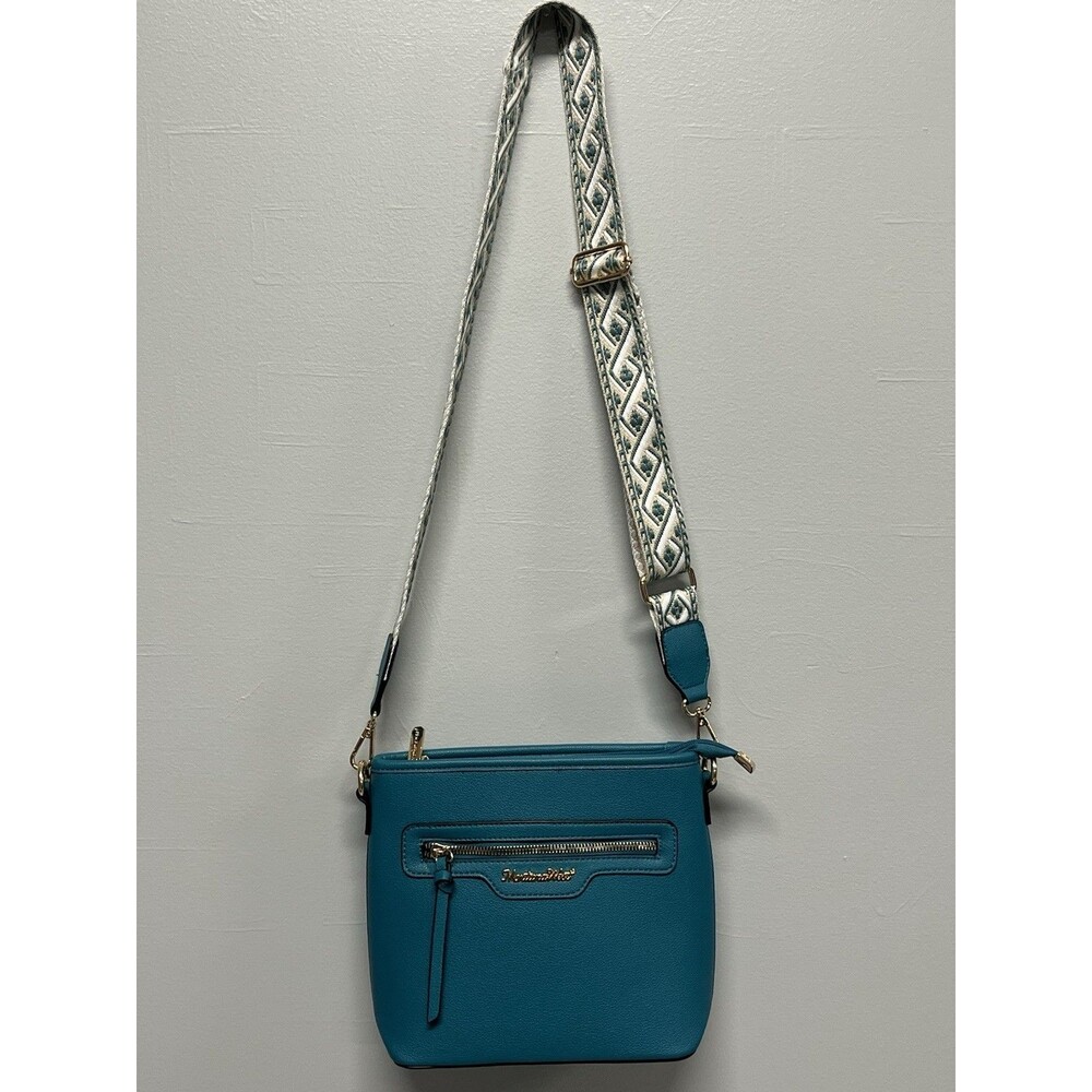 Montana West Blue Small Pebbled Crossbody Geometric Strap Gold HW Zip Pockets